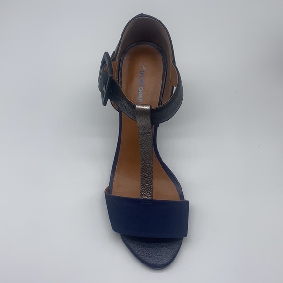 True Soul - Blue Suede And Black and Silver Leather Open Toe Heels Size 7 - Picture 3 of 15